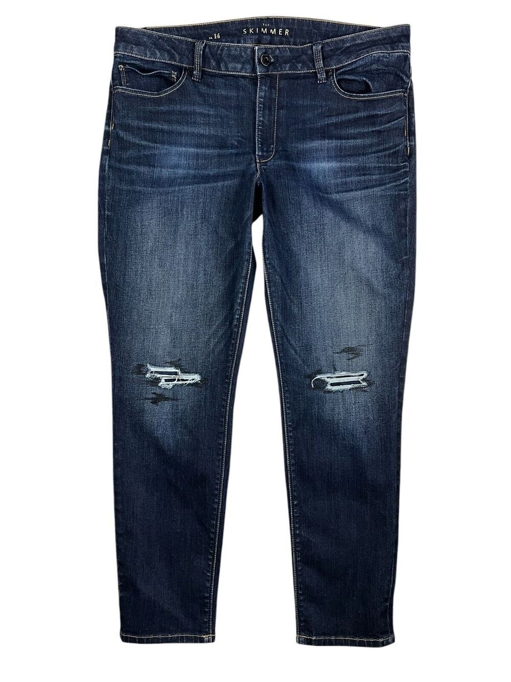 WHBM White House Black Market Distressed Dark Denim Mid-Rise Skimmer Jeans 14
